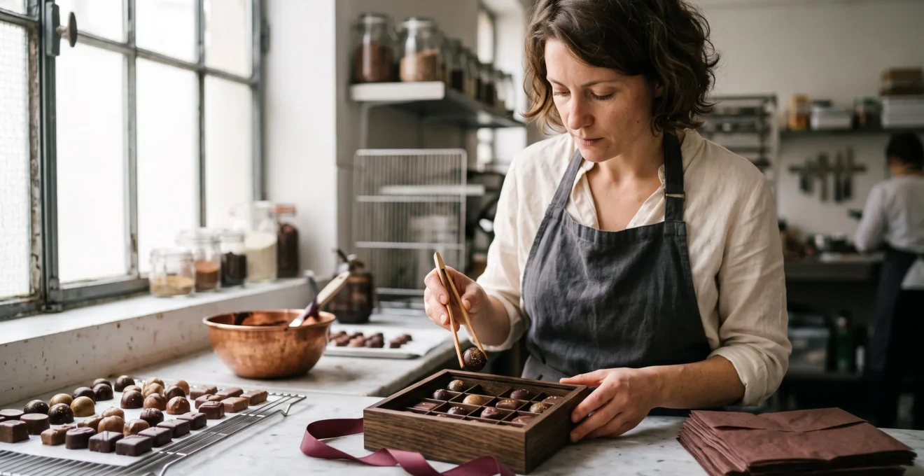 Un artisan chocolatier dispose des chocolats fins dans un coffret cadeau en bois sur un plan de travail en marbre.
