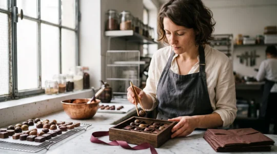 Un artisan chocolatier dispose des chocolats fins dans un coffret cadeau en bois sur un plan de travail en marbre.