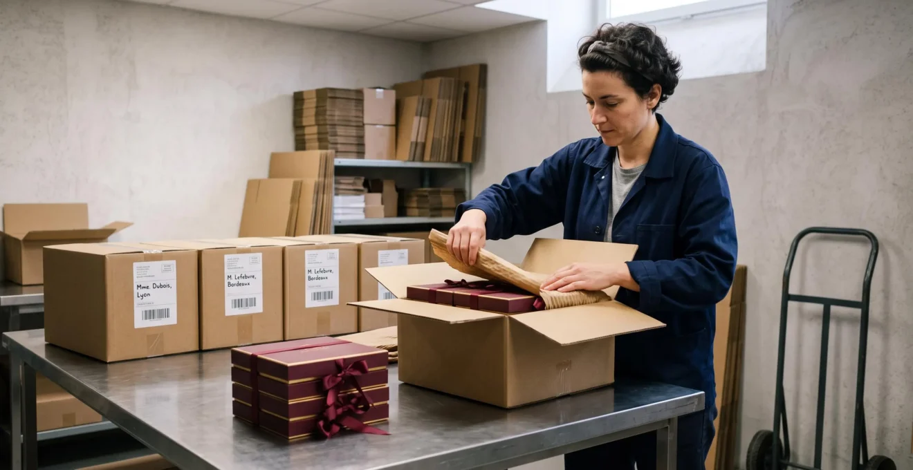 Un préparateur logistique emballe des coffrets cadeaux dans des cartons d'expédition dans une salle de préparation de commandes.